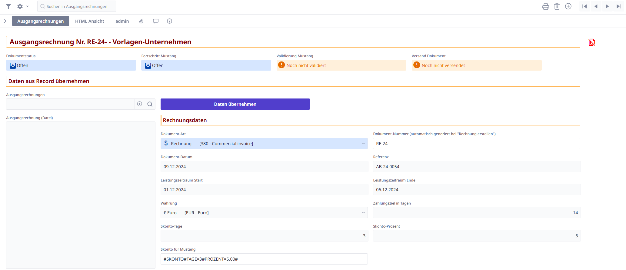 Übersicht der allgemeinen Rechnungsdaten und Stati