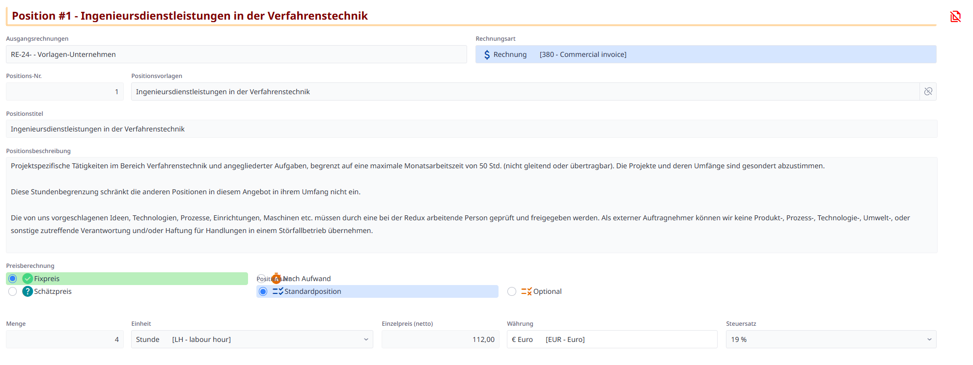 Anlegen der Rechnungspositionen